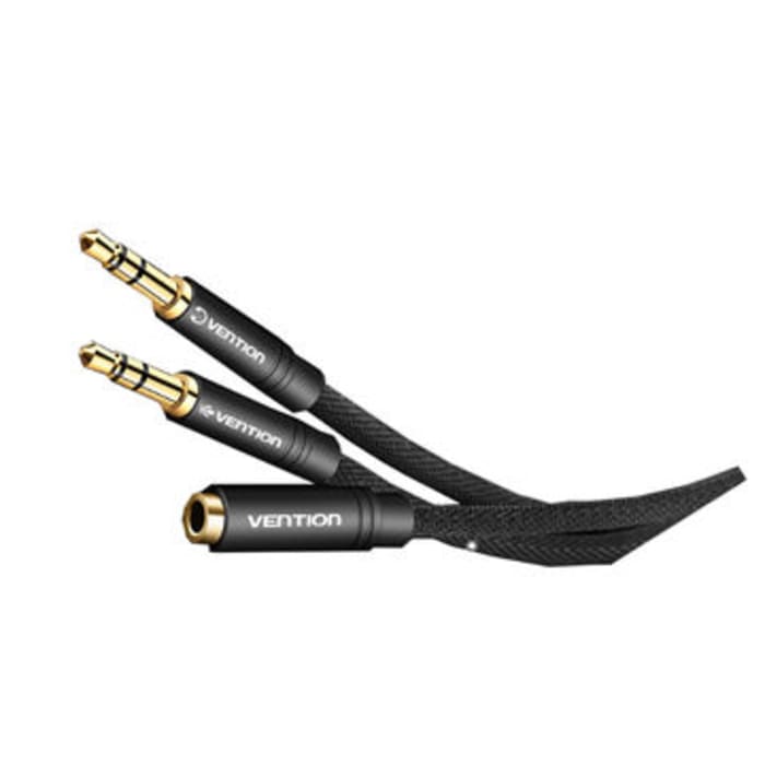 Audio კაბელი/სპლიტერი  Vention  Model/Item-NO:  <BBOBY >  2*3.5mm Male to 4 Pole 3.5mm Female Stereo Splitter Cable 0.3M Black Metal Type
