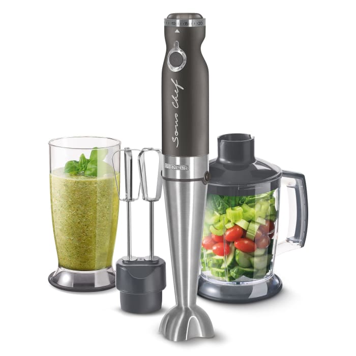 ბლენდერი  Sencor SHB 5608BK 4 in 1 Hand Blender, TITANIUM QuadBlade Technology, Power Input 1 000 W, Extra Quiet DC Motor, 800 ml Beaker with Lid, 1 250 ml