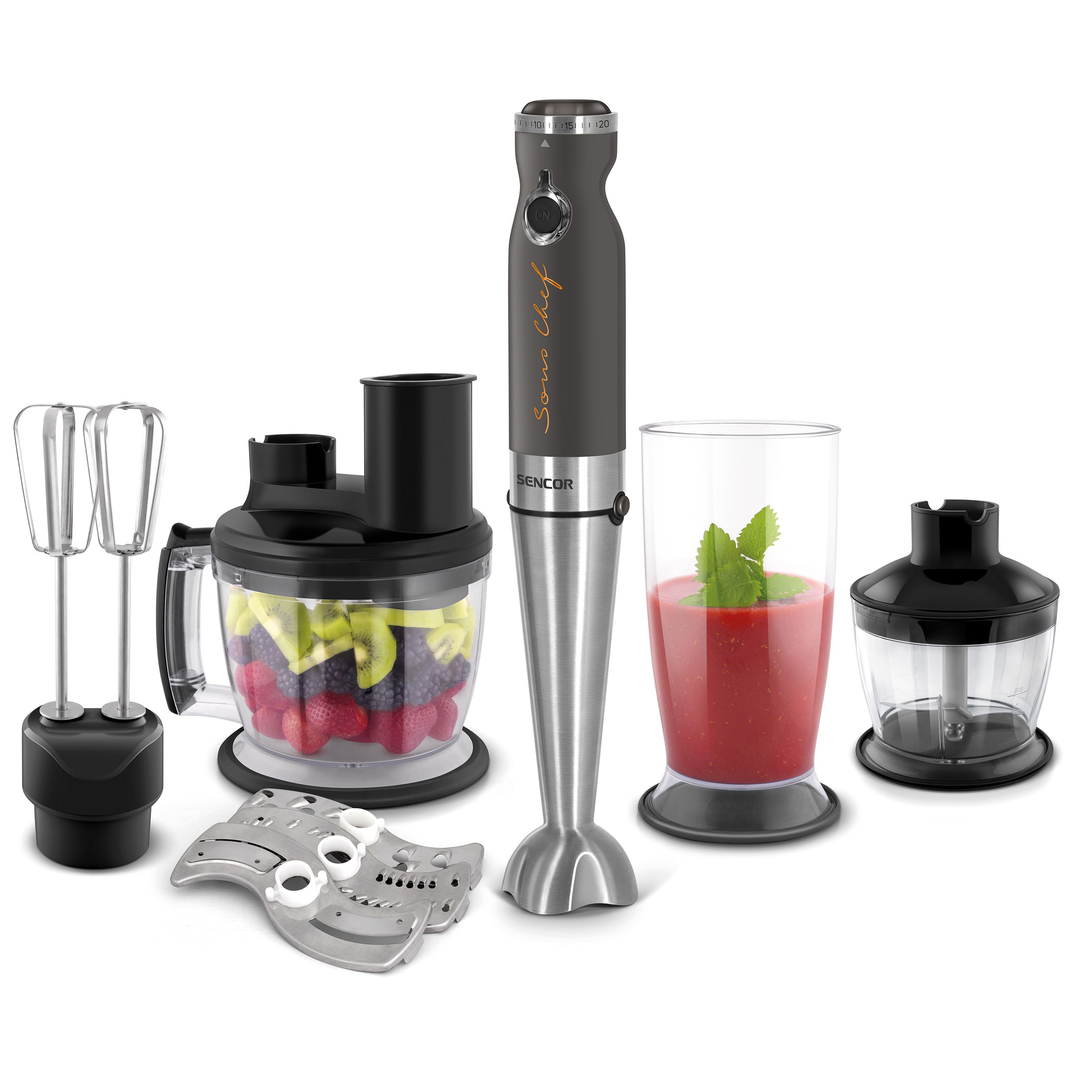 ბლენდერი  Sencor SHB 5501CH 9 in 1 Hand Blender,20 Level, TITANIUM QuadBlade Technology, Power Input 1 000 W, Extra Quiet DC Motor,800ml, 1250 ml Beaker with Li