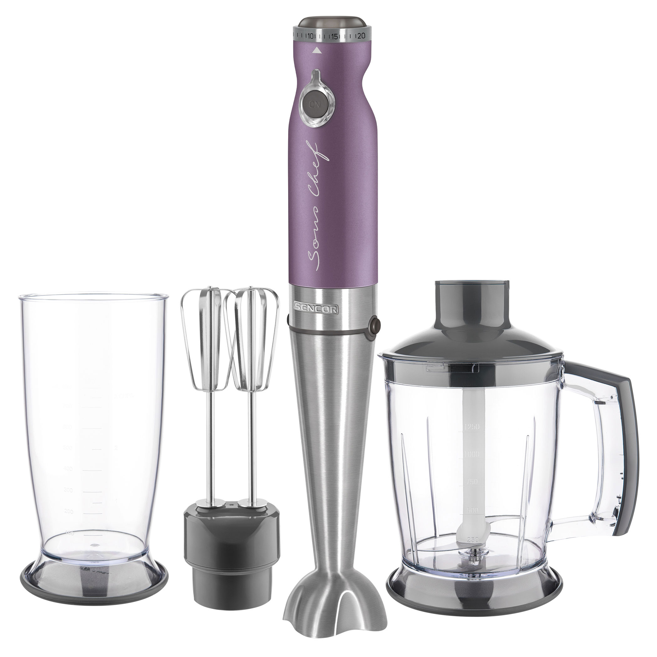 ბლენდერი  Sencor SHB 5603VT 4 in 1 Hand Blender, TITANIUM QuadBlade Technology, Power Input 1 000 W, Extra Quiet DC Motor, 800 ml Beaker with Lid, 1 250 ml