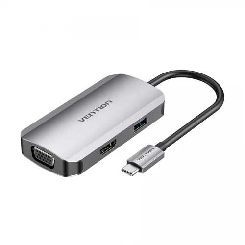 Type-C დოკ სადგური Docking Station Vention  Model/Item-NO:  <TOAHB > USB-C to HDMI/VGA/USB 3.0/PD Docking Station 0.15M Gray Aluminum Alloy Type