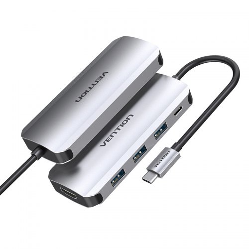 Type-C დოკ სადგური Docking Station Vention  Model/Item-NO:  <THFHB > Multi-function Type-C to HDMI/USB3.0*3/PD Docking Station 0.15m Gray Metal Type