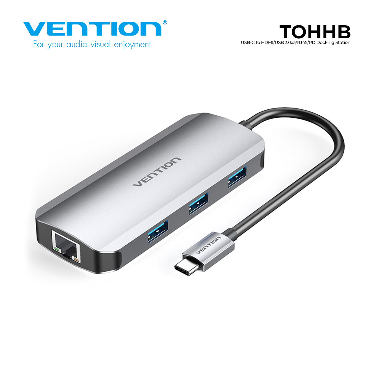 Type-C დოკ სადგური Docking Station Vention  Model/Item-NO:  <TOHHB > USB-C to HDMI/USB 3.0x3/RJ45/PD Docking Station 0.15M Gray Aluminum Alloy Type