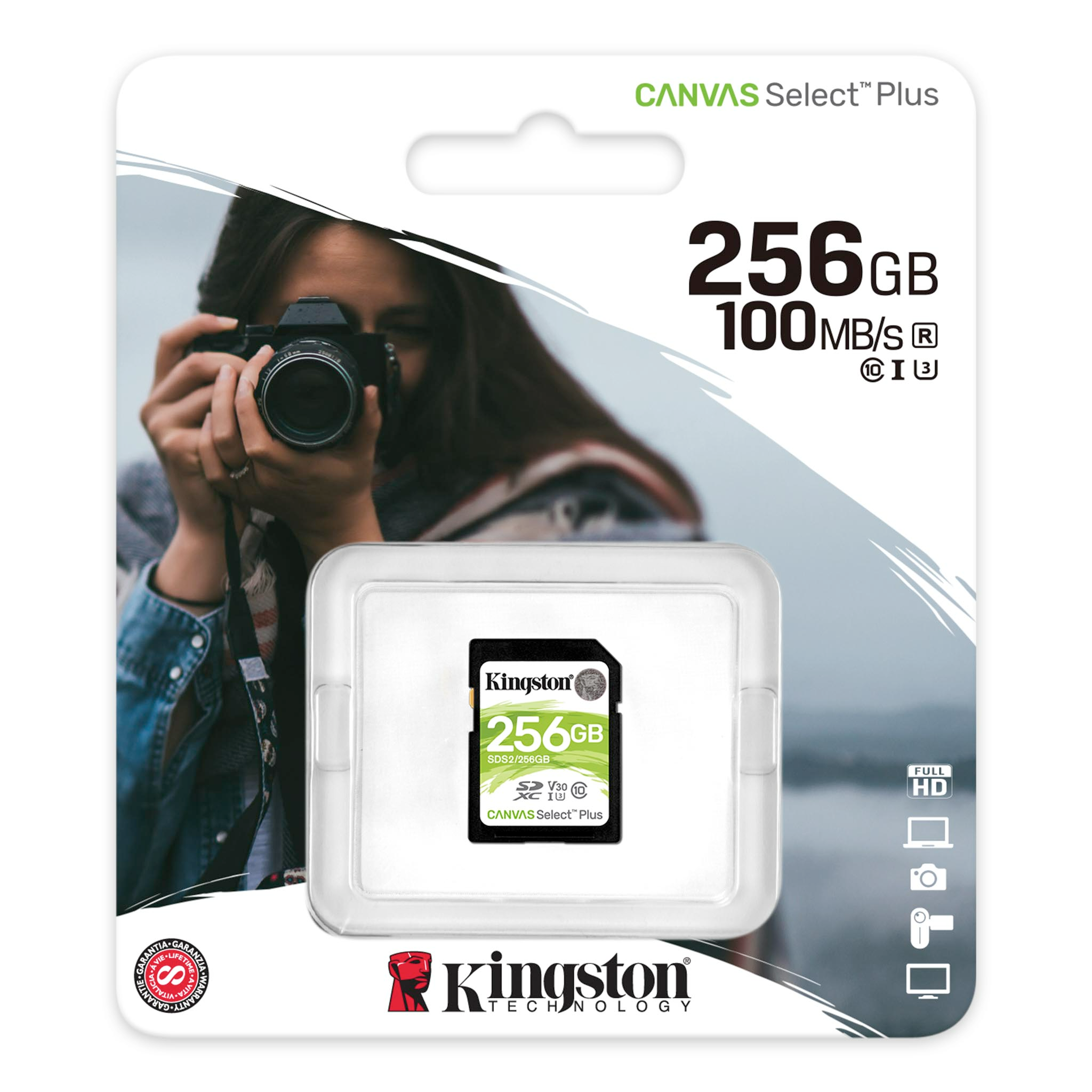 ფლეშ მეხსიერების ბარათი 256Gb SD Kingston Canvas Select Plus (SDS2/256GB) memory card, SDXC, 256 GB, read: 100 Mb/s, write: 85 Mb/s, V30