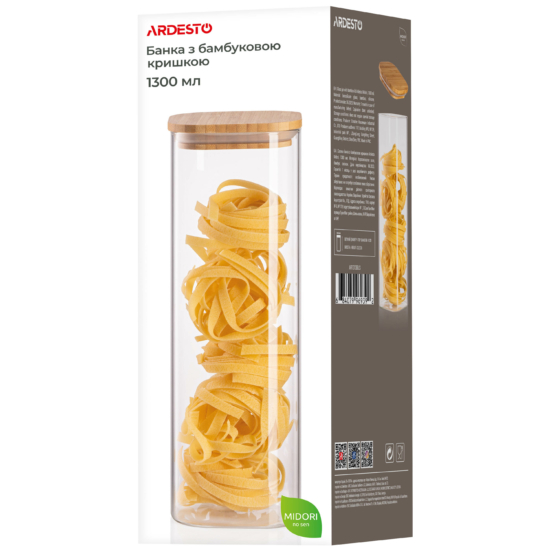 შესანახი ქილა Ardesto Jar Fresh, 1300 ml, square, glass, bamboo