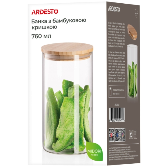 შესანახი ქილა Ardesto Jar Fresh, 760 ml, round, glass, bamboo