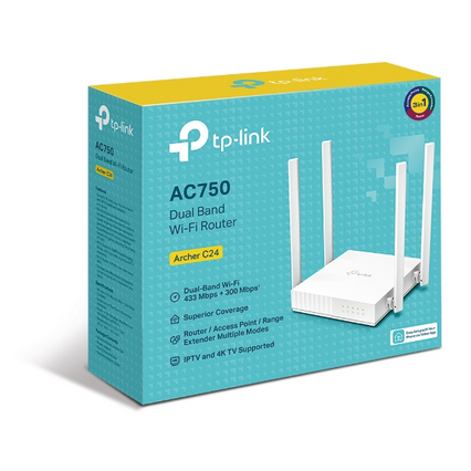 WiFi როუტერი TP-Link Archer C24 AC750 Dual-Band Wi-Fi Router 2.4 GHz/5 GHz, 4× Fixed Antennas, Router, AP, Range Extender, 1× 10/100 Mbps WAN Port,  4× 10/100 Mbps LAN Ports