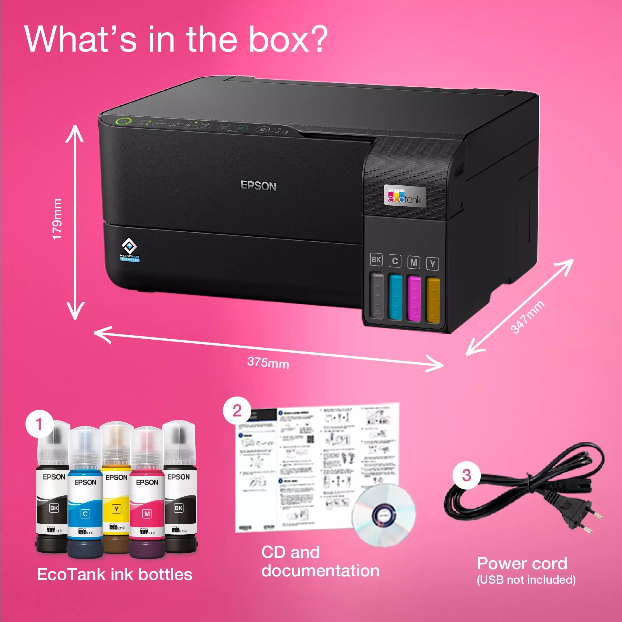 პრინტერი Epson C11CK59404 EcoTank L3550, MFP Print, Scan, Copy; Paper Size: A4, Print Speed (Black/Color): 33ppm (15ipm ISO) / 20ppm (8ipm ISO), Print Resolution: 4800 x 1200 dpi; Scaning Resolution: 1200 x 2400 dpi, 48-bit; Media Weight: 64~300 g/m², Paper Tray (Input/Output): 100/30 pages, Borderless Printing (10x15cm), Connectivity: USB 2.0, Wi-Fi 802.11b/g/n, Wi-Fi Direct, Apple AirPrint, Epson Smart Panel, Epson Connect, Mopria Print Service; Power Consumption: 12W, 220-240V (50/60Hz), European Power Cord; 103 Ink Bottles (Included): 2 x 65ml Black (6,600 pages), 3 x 65ml Color (5,900 pages), USB Cable Not Included, Warranty: 2 years or 50,000 prints