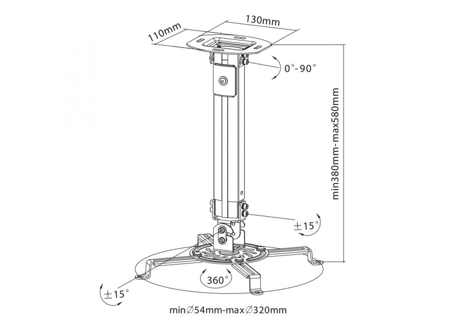 პროექტორის საკიდი  CEILING MOUNT FOR PROJECTOR SBOX PM-18S Weight capacity: up to 13,5 kg , Height adjustment: 380 - 580 mm, Mounting holes (mm): 54 - 320, Tilt: - 15°/ + 15°  Swivel: - 15°/ + 15°  Rotation: 360°