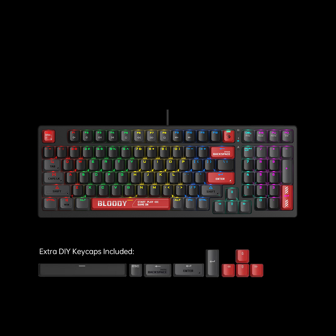 მექანიკური კლავიატურა Bloody S98 Hot-swappable RGB Mechanical Gaming Keyboard, USB (Bloody Red) (US+Russian)-BLMS Red Plus Switch | BLMS Switches | 1 ms | USB | RGB | 1.8 m