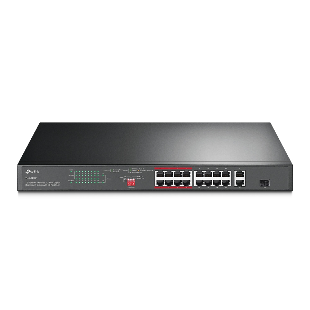 სვიჩი Switch TP-Link TL-SL1218P | 16-Port 10/100 Mbps + 2-Port Gigabit Rackmount Switch with 16-Port PoE+ | 1× Combo Gigabit SFP Slot | PoE Power Budget: 150 W