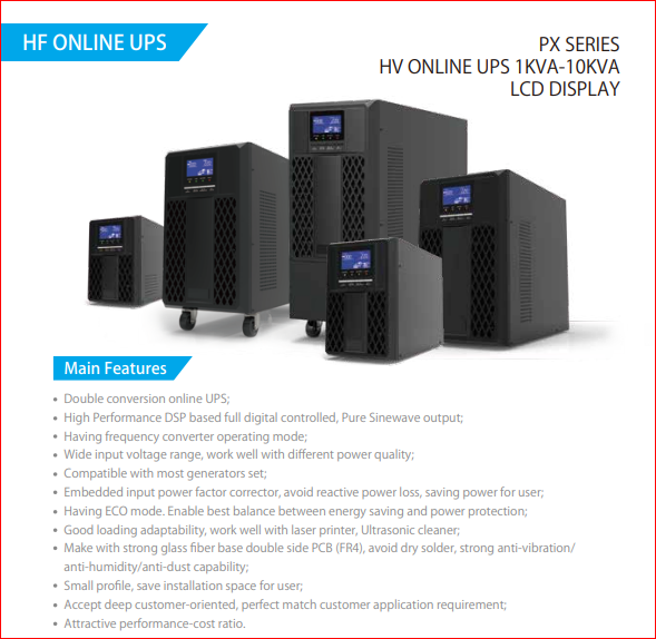 უწყვეტი კვების წყარო FNP PX1K-3 On-line 1KVA 900W, HV,LCD, 12V/7AH*3, Germany socket,EU plug, metal black case