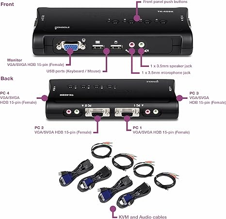 KVM  სვიჩი TRENDnet 4-Port USB KVM Switch with Audio, Control Up to 4 Computers, Windows, Linux, Mac OS Compliant, 2048 x 1526 VGA Resolution, Plug and Play, USB Powered, KVM Cables Included, Black, TK-409K