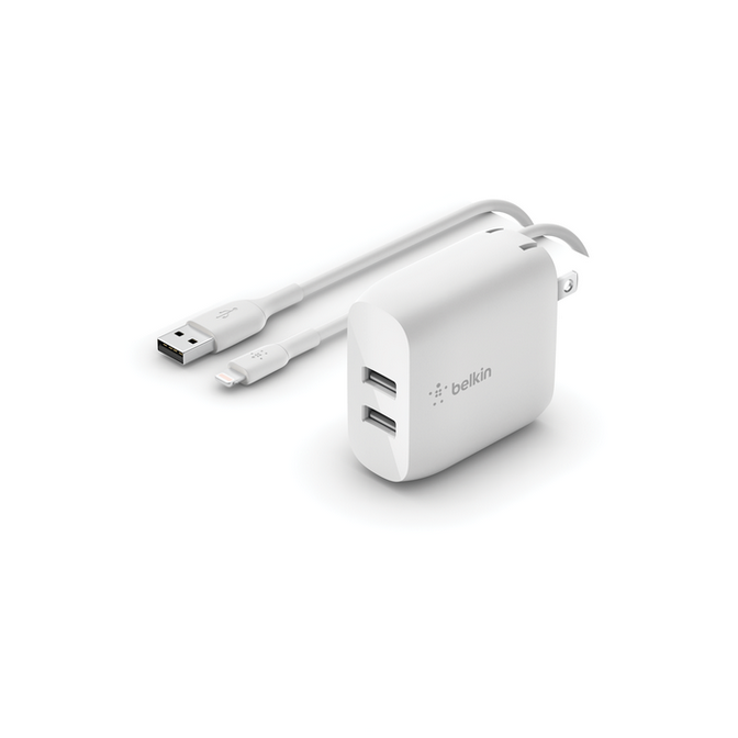 დამტენი ადაპტერი Belkin Wall Charger 24W USB-A, 1M PVC A-LTG, white (WCD001VF1MWH)