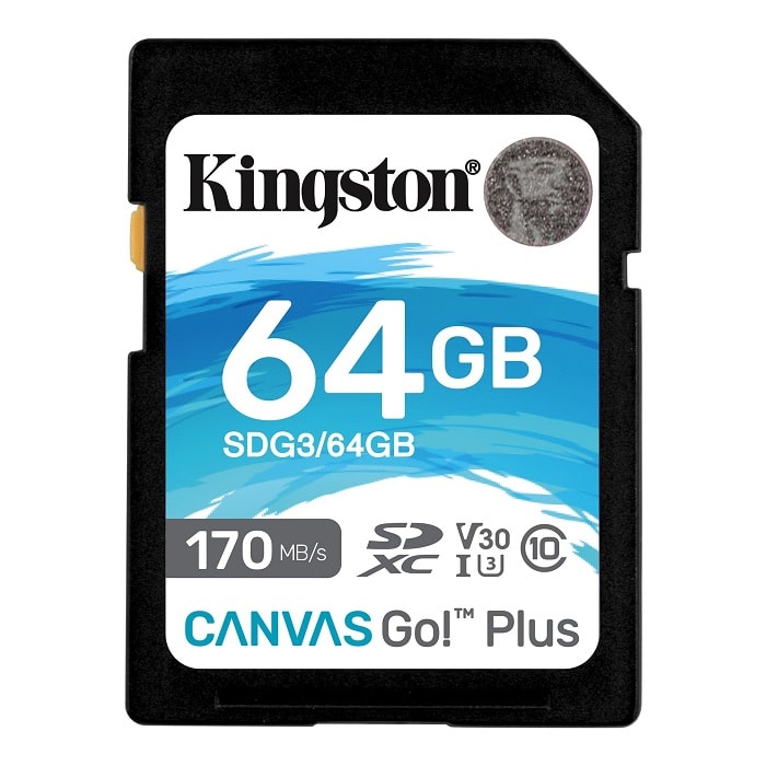ფლეშ მეხსიერების ბარათი Kingston (SDG3/64GB) 64GB Canvas Go! Plus UHS-I SDXC Memory Card 64GB Capacity UHS-I / V30 / U3 / Class 10 Max Read Speed: 170 MB/s Max Write Speed: 70 MB/s Min Write Speed: 30 MB/s Records Full HD and 4K Video Water / Shock / Vibration / X-Ray Proof Temperature Proof