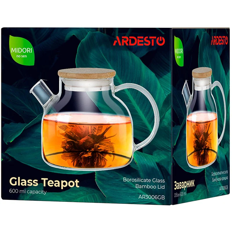  ჩაის დასაყენებელი Ardesto Teapot Midori, 600ml, borosilicate glass, bamboo, transparent