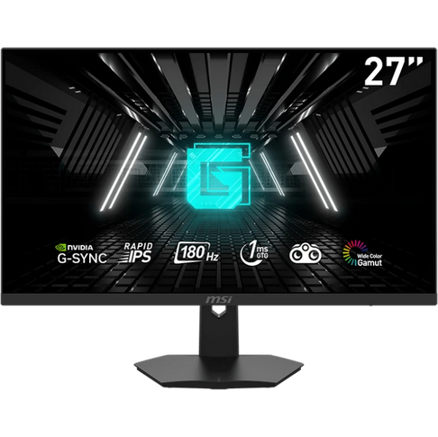 MSI G274F  /27" (69cm) / Flat / 118% SRGB / Rapid IPS /1920 x 1080 (FHD) / 250  NIT / 180Hz /178°- 178°  / 1ms / HDR 400 / 1x DP / 2x HDMI / 1x Headphone out / Anti-glare/  Vessa M 75 x 75 mm /  sRGB 134% /  Cable inc: 1x DisplayPort /G-sync / Black 
