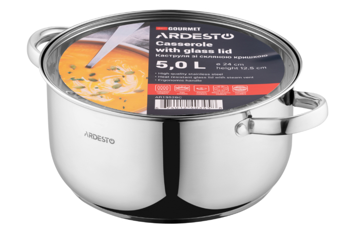 ქვაბი Ardesto Casserole with glass lid Gemini Gourmet Aosta, 5l, stainless steel