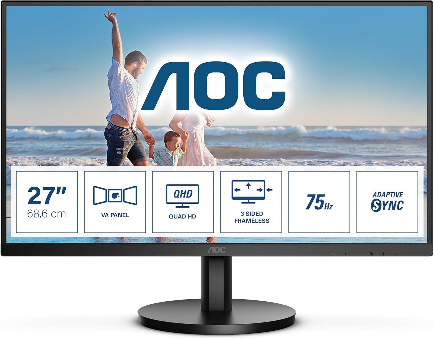 მონიტორი AOC Q27B3MA - 27 inch QHD Monitor, VA, 75Hz, 4ms, Flicker free, Speakers, Low Blue light, Vesa 100 x 100, Tilt (2560 x 1440 @ 75Hz, 250 cd/m², HDMI 1.4 / DP 1.2), Black