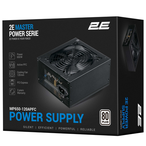 კვების ბლოკი 2E PSU Master Power  (650W), >80%, 80+ White, 120mm, 1xMB 24pin(20+4), 1xCPU 8pin(4+4), 3xMolex, 5xSATA, 2xPCIe 8pin(6+2) (2E-MP650-120APFC)