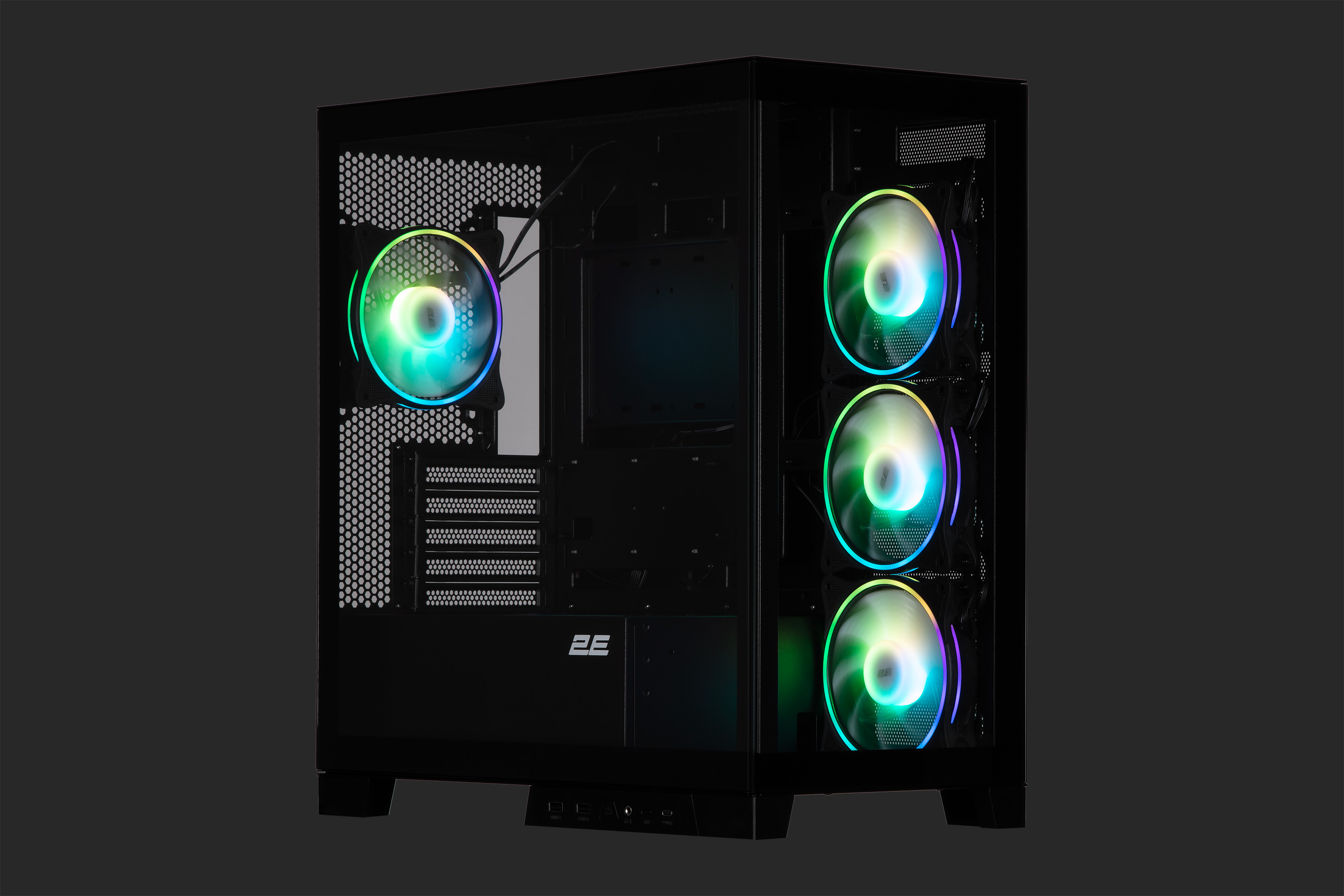 ქეისი 2E Gaming Computer case Fantom GK701B, without PSU, 2xUSB 3.0, 1xUSB Type-C, 4x120mm ARGB, controller with remote, TG Side/Front Panel, mATX, Black