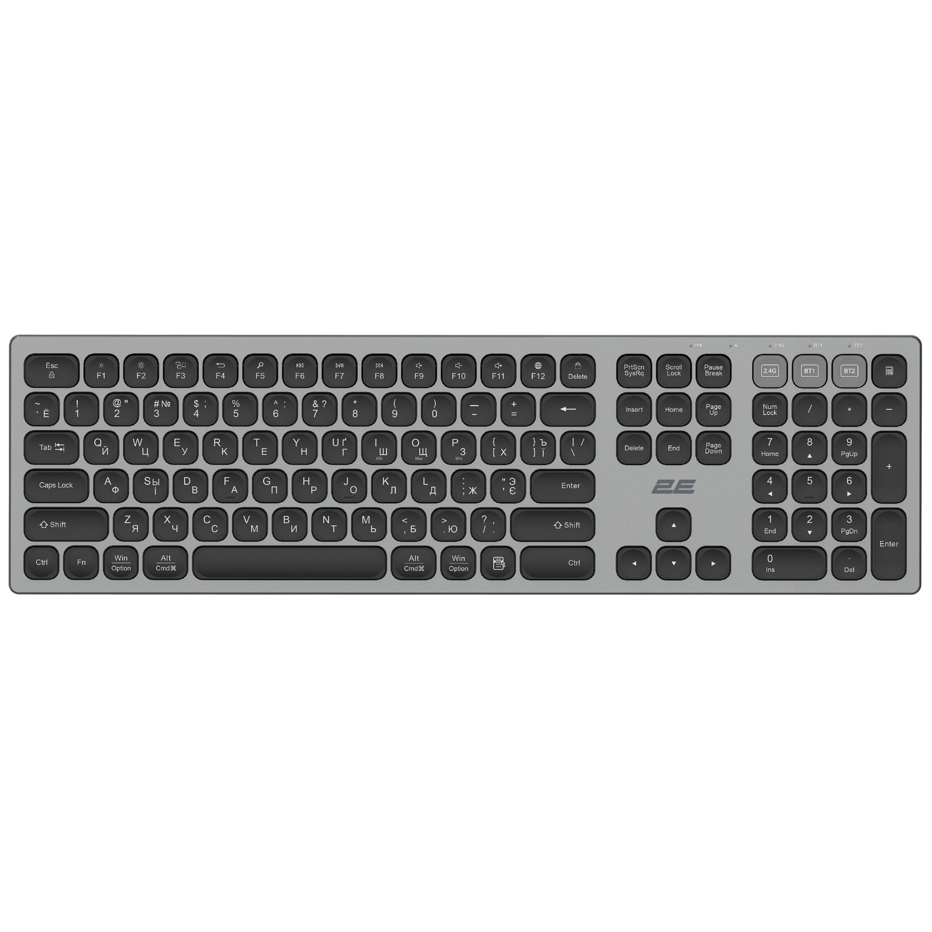 უსადენო კლავიატურა 2E Scissor Keyboard KS270 105key, WL/BT, EN/UK/RU, gray-black (2E-KS270WBGR)
