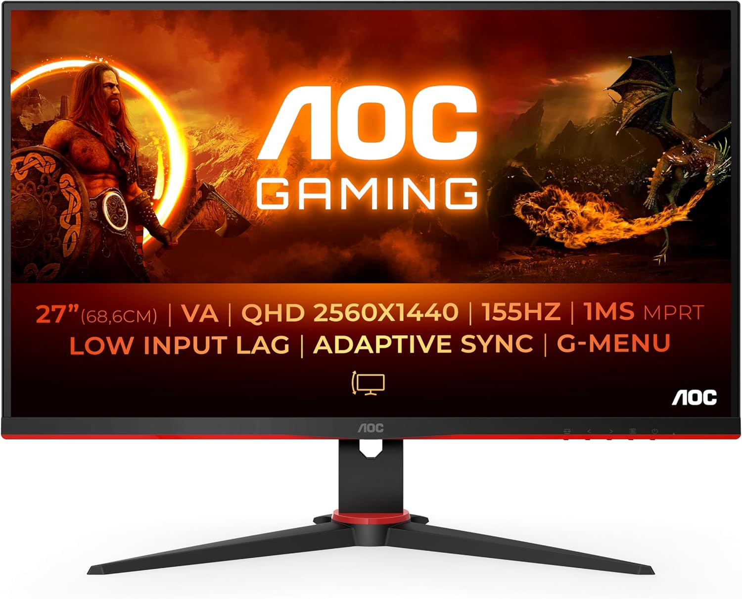 Gaming მონიტორი AOC 27" Q27G2E 27", VA, 2560x1440 (Quad HD), 1 ms, 155 Hz, AMD FreeSync Premium, 250 cd/m2, 178°/178°, 2xHDMI, DisplayPort, black