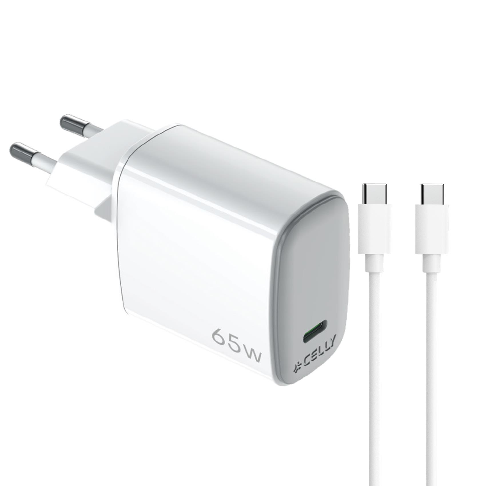 დამტენი ადპტერი  და კაბელი Celly 65W GaN Wall Charger + USB-C to USB-C cable