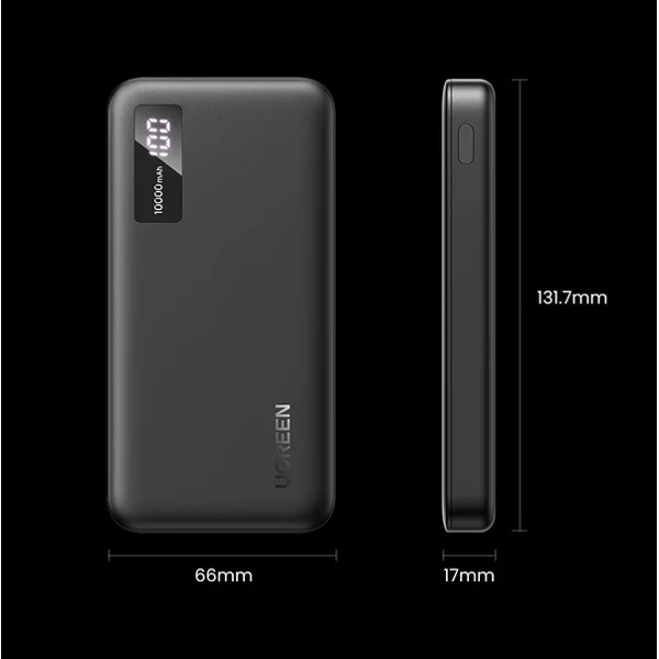 პორტატული დამტენი UGREEN 25742, 10000mAh, USB-C, USB, Two-way Power Bank, Black