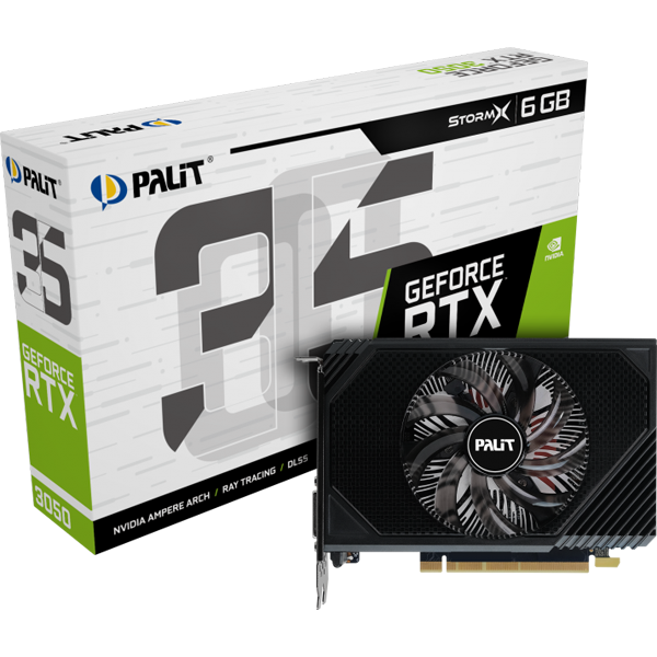 ვიდეო ბარათი NVIDIA GeForce RTX 3050 Palit StormX 6Gb (XVNE63050018JE-1070F) PCI-E 4.0, core - 1042 MHz, Boost - 1470MHz, 6GB GDDR6 14000 memoryMHz, 96 bit, DVI, HDMI, DisplayPort, length 162 mm, Retail
