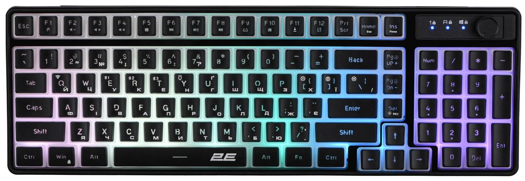 უსადენო კლავიატურა 2E GAMING Membrane keyboard KG390 100key, USB-A/WL/BT, EN/UA, RGB, black (2E-KG390UBK-WL) | 1850 mAh USB / Bluetooth / 2.4G