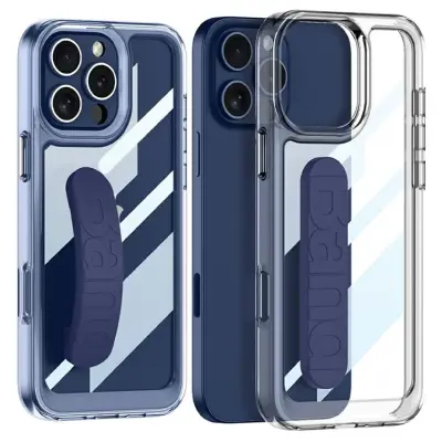მობილურის ქეისი TVC GKK For iPhone 16 Pro Crystal Clear Case Anti-Drop TPU+PC Phone Cover with Silicone Hand Strap - Blue (6601118659B)
