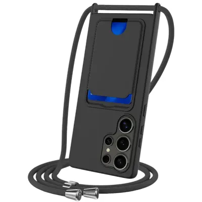 მობილურის ქეისი For Samsung Galaxy S25 Ultra Case Liquid Silicone Card Holder Back Phone Cover with Lanyard - Black