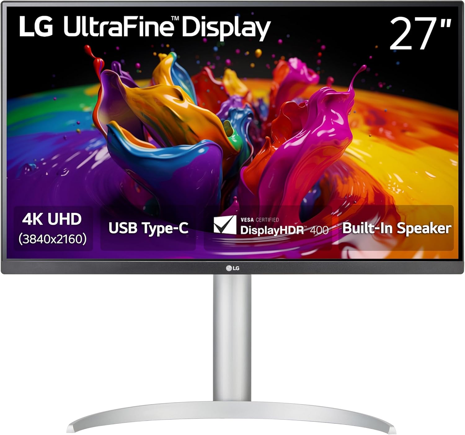 მონიტორი LG 27UP850K-W 27-inch Ultrafine 4K UHD (3840 x 2160) IPS Computer Monitor, 60Hz, 5ms, 400 cd/m^2 | DisplayHDR 400,  HDMI, DisplayPort, USB Type-C 90W PD, Tilt/Height/Pivot Adjustable Stand, White  