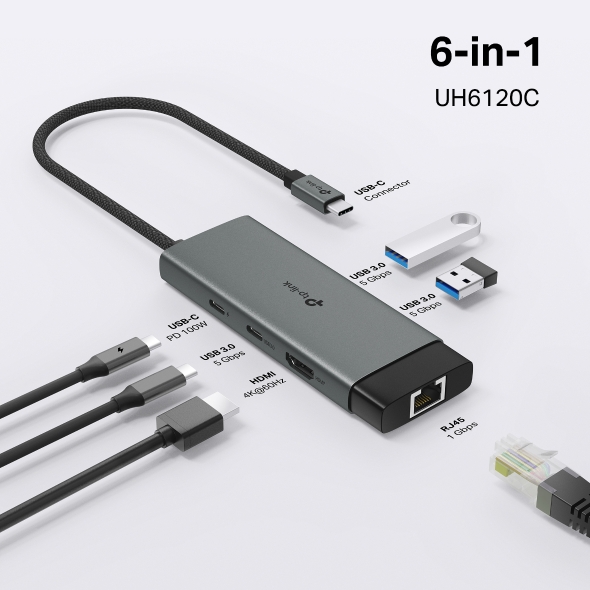Type-C ჰაბი Tp-link USB Type-C 6-Port Hub | 6 in 1 USB-C Hub: UH6120C turns a single USB-C port into 6 ports with a 4K@60Hz HDMI, 1 Gbps ethernet, 100W Power Delivery, 1× USB-C Data Ports, 2× USB-A Data Ports.