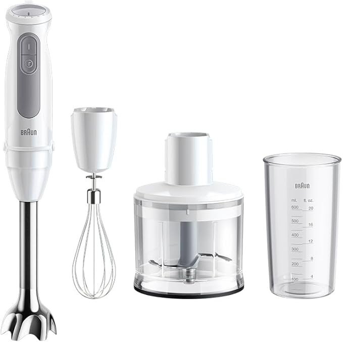 ხელის ბლენდერი Braun MQ50236MWH Hand Blender | 1000W with Beaker, 500ml Chopper, Whisk, PowerBell VPlus, 21 Speeds, SplashControl for Chopping, Masala Grinding, Chutney, Puree, Smoothie, Soup, Shake