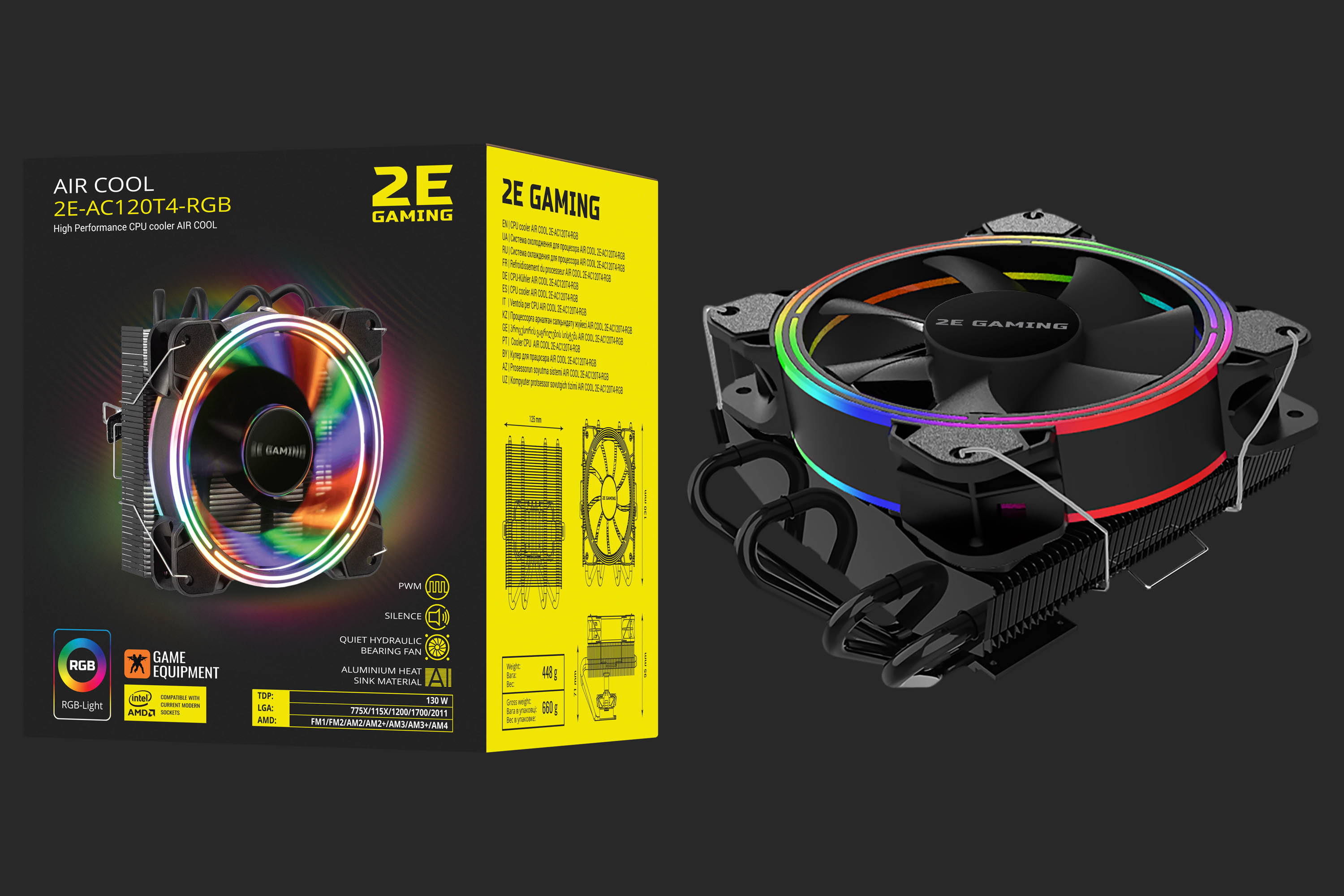 პროცესორის ქულერი 2E GAMING CPU cooler Air Cool AC120T4-ARGB, LGA1700, 1200, 115x, 1366, AM5, AM4, AM3, AM3+, 4pin PWM, 3pin +5VARGB, TDP 130W