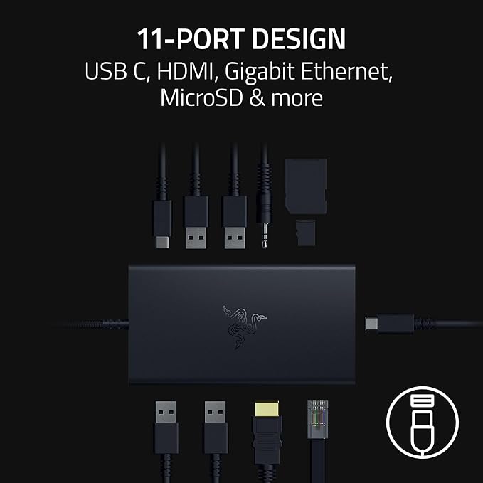 დოკ სადგური Razer Docking Station USB-C Dock, 11 Port, 7.1, black (RC21-02250100-R3M1) | Input & Output: USB-C (Input) 1 x USB-C 3.2 (10Gbps), 1 x USB-C with 85 W PD (100 W PD IN) 2 x USB-A 3.2 Gen 2 2 x USB-A 2.0 1 x Gigabit Ethernet SD Card Reader, UHS-I MicroSD Audio: 3.5mm headphone/microphone combo port with 7.1 surround sound