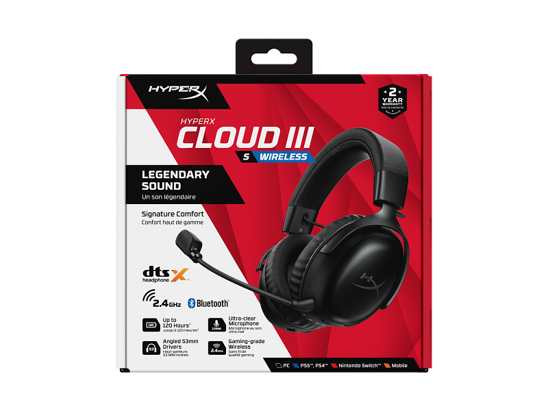 უსადენო/სადენიანი ყურსასმენი HyperX Cloud III S Wireless Black Gaming Headset (A59YZAA) | 2.4GHz Wireless USB, Bluetooth version 5.3: Up to 120 hours | 64 Ω, Cable length 0.5 m