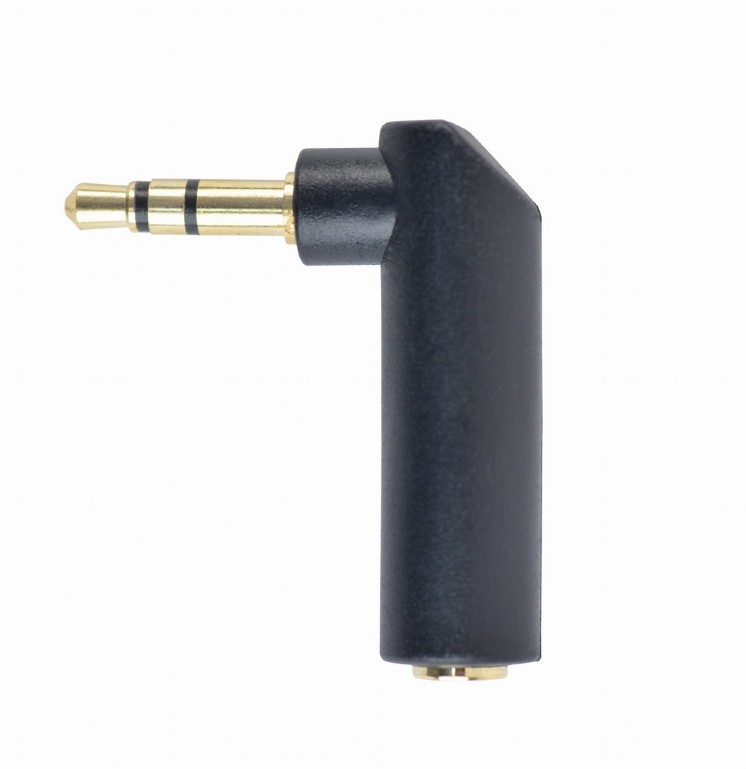 Right angle (90°) 3.5 mm female to male audio adapter plug (A-3.5M-3.5FL) 3 wire (G/L/R) stereo, male to female 3.5 mm | Gold-plating: yes | Net weight: 8 g