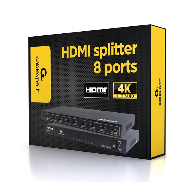 HDMI სპლიტერი Gembird HDMI splitter, 8 ports (DSP-8PH4-03) | Sends a single HDMI signal to 8 displays | HDMI + HDCP v.1.4b | HDMI up to 3840*2160/30Hz | Power adapter: 5 V DC, 3 A , Power consumption: up to 1.6 A, 5 V DC ,Dimensions: 276 x 136 x 24 mm