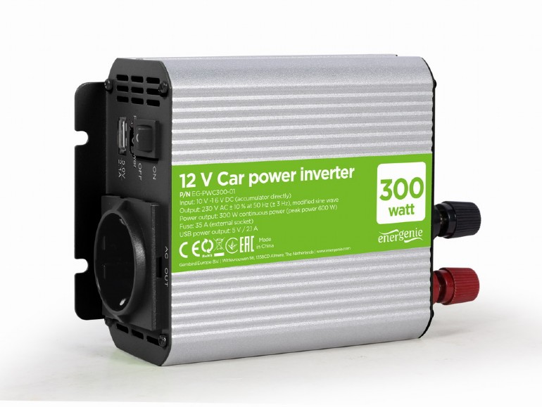 ავტომობილის ინვერტორი 12V to 220V Gembird 300 W Car power inverter,  (EG-PWC300-01) | Input: 10-16 VDC, Output: 230 VAC +/- 10% at 50 Hz (+/-3Hz), modified sine wave | USB power output: 5 V / 2.1 A | Cable: 80 cm (4 sq.mm) crocodile clamp, 30A terminal Dimensions: 150 x 120 x 60 mm
