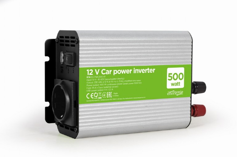 ავტომობილის ინვერტორი 12V to 220V Gembird 500 W Car power inverter (EG-PWC500-01) | Input: 10-16 VDC,Output: 230 VAC +/- 10% at 50 Hz (+/-3Hz), modified sine wave | (peak power 1000 W)| USB power output: 5 V / 2.1 A | Cable: 80 cm (6 sq.mm) ring terminals, 30A terminal Dimensions: 180 x 120 x 63 mm