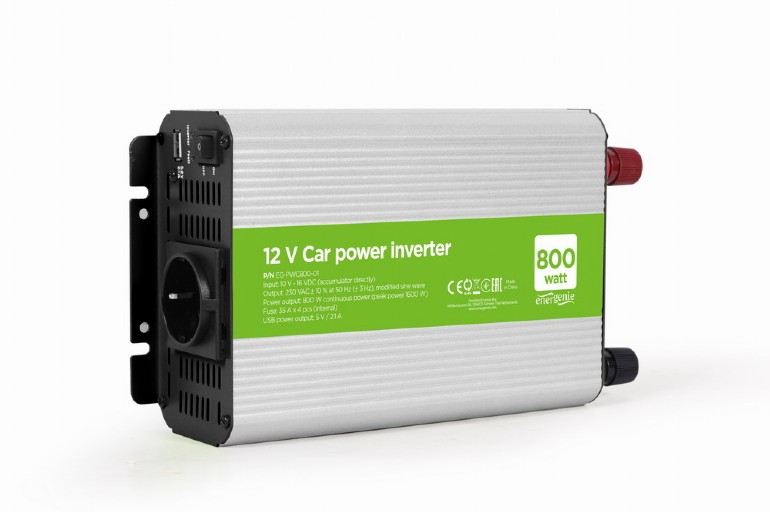 ავტომობილის ინვერტორი 12V to 220V Gembird 800 W Car power inverter (EG-PWC800-01) | Input: 10-16 VDC | Output: 230 VAC +/- 10% at 50 Hz (+/-3Hz), modified sine wave | (peak power 1600 W) | USB power output: 5 V / 2.1 A | Cable: 80 cm (10 sq.mm) ring terminals, 100A terminal Dimensions: 210 x 150 x 72 mm