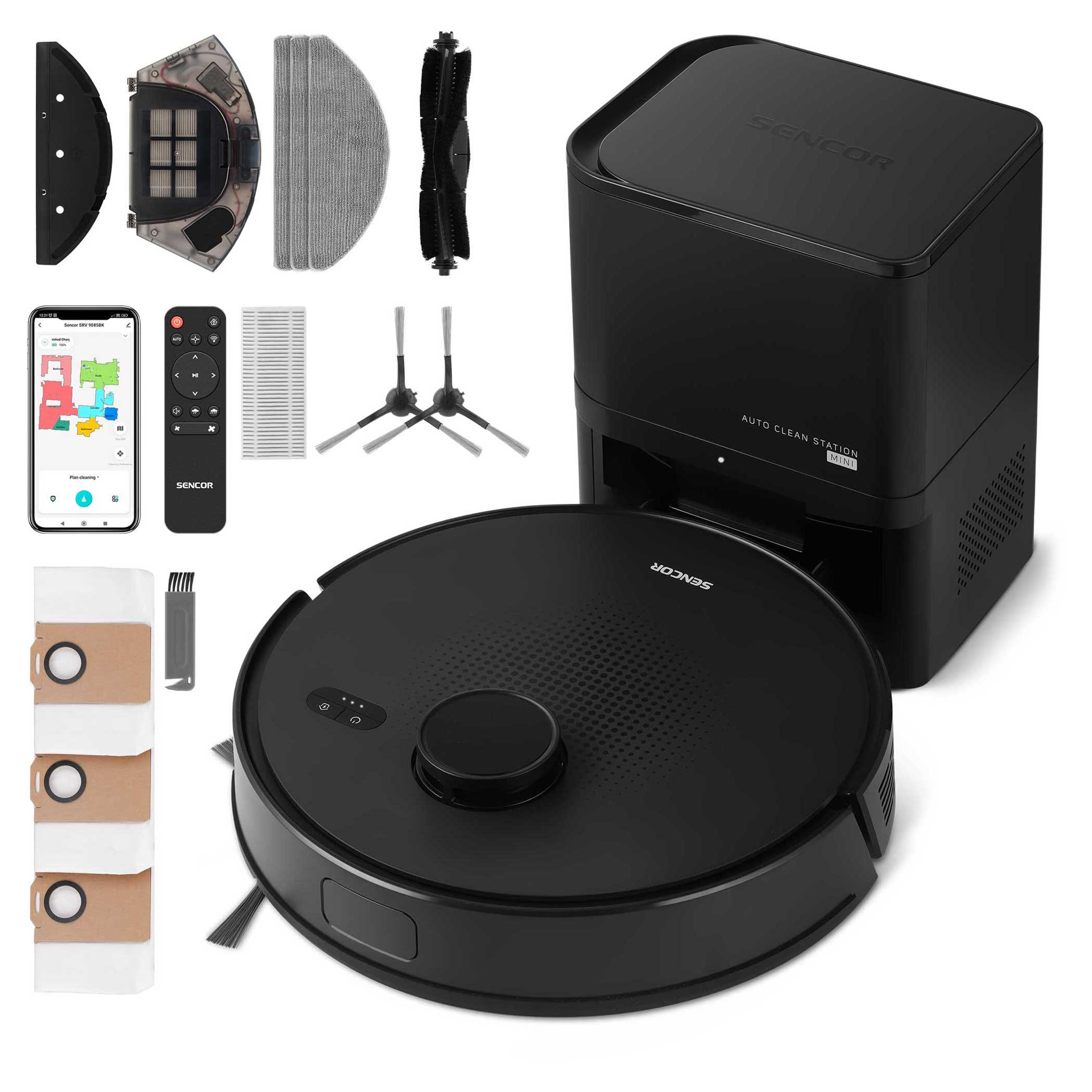 რობოტი მტვერსასრუტი Sencor Robotic vacuum cleaner Black (SRV 9085BK) | 3,000 Pa, Battery life	130 min, Charging time 5 h, Noise level 60 dB, With application Yes, 4,9 kg