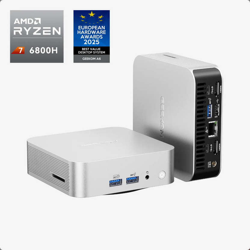 მინი კომპიუტერი GEEKOM A6 Mini PC AMD Ryzen™7 6800H (32G RAM+ 1T SSD/ WIGEEKOM A6 Mini PC, AMD Ryzen 7 6800H(8C/16T, up to 4.7GHz), 32GB DDR5 1TB SSD, Radeon 680M, Compact Aluminium Design Windows 11 Pro Desktop Computer Support USB4/8K UHD/Wi-Fi 6E/Bluetooth 5.2 |11 Pro and Key Pre-Installed) (SKU : GMA6R76800H-321-EU)