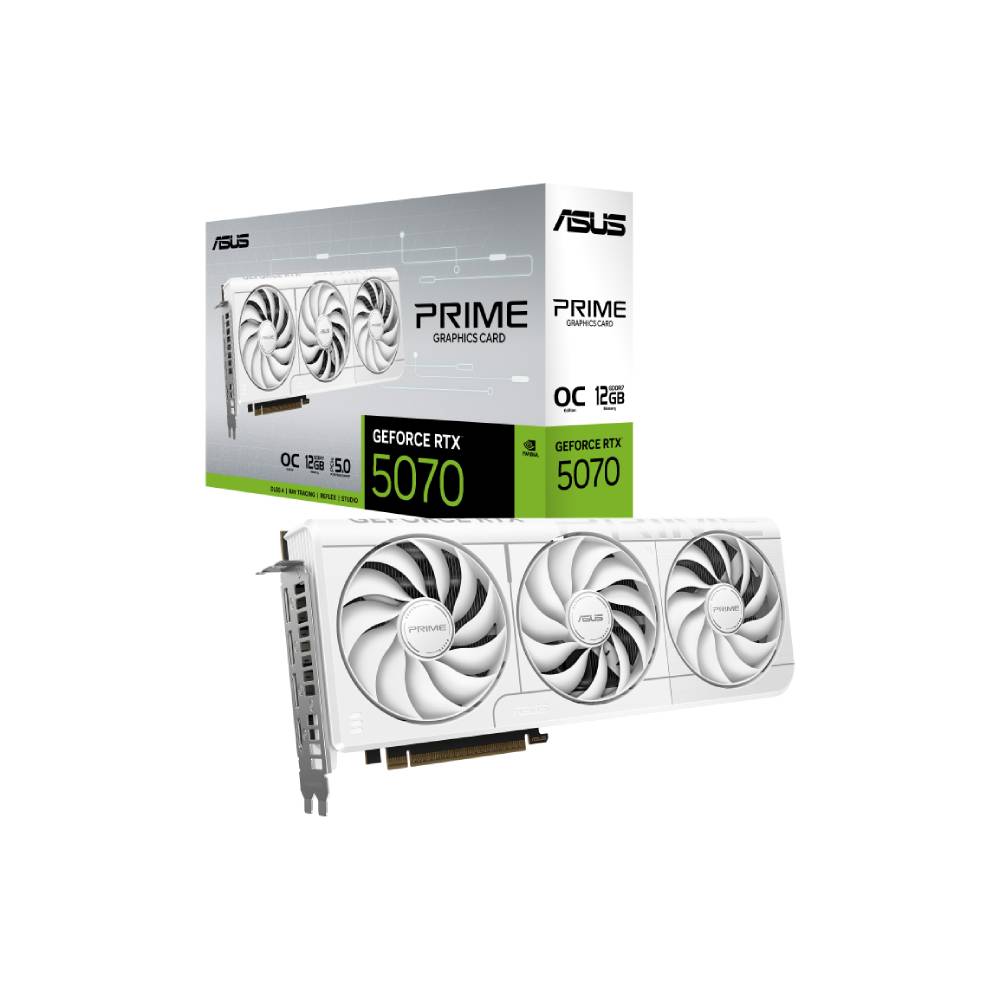 ვიდეო ბარათი ASUS PRIME GeForce RTX™ 5070 White OC Edition 12GB GDDR7 (90YV0M19-M0NA00) | 2587MHz Default mode: 2557MHz | 1 (Native HDMI 2.1b)  3 (Native DisplayPort 2.1b) | 304 x 126 x 50 mm
