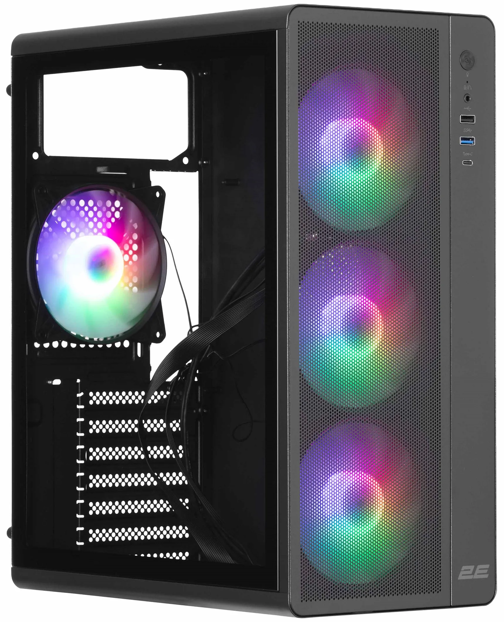 2E-V510B, PC case 2E GAMING Credo Plus V510B without PSU, 1xUSB3.0, 1х USB 2.0, 1xUSB Type-C, 4x120mm RGB Rainbow, VGA 310mm, TG Side Panel, ATX, black