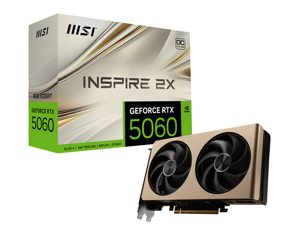ვიდეო ბარათი MSI GeForce RTX™ 5060 8G INSPIRE 2X OC (912-V537-001) | 2550 MHz (MSI Center) Boost: 2535 MHz | DisplayPort x 3 (v2.1b) HDMI™ x 1 | 204 x 117 x 41 mm