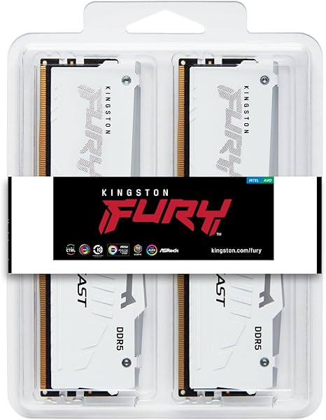ოპერატიული მეხსიერება Kingston 64GB (2x32GB) DDR5 6400MT/s CL32 FURY Beast White RGB XMP (KF564C32BWAK2-64) | (Kit of 2) 2RX8 32-39-39 1.4V 288-pin 16Gbit 